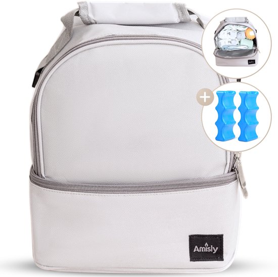 Amisly- Luxe Koeltas Grijs- Kolftas Met 2 Koelelementen- Baby Voeding Vervoeren- Moedermelk tot 12 uur Koel- Lunchtas- Voor Onderweg van Amisly