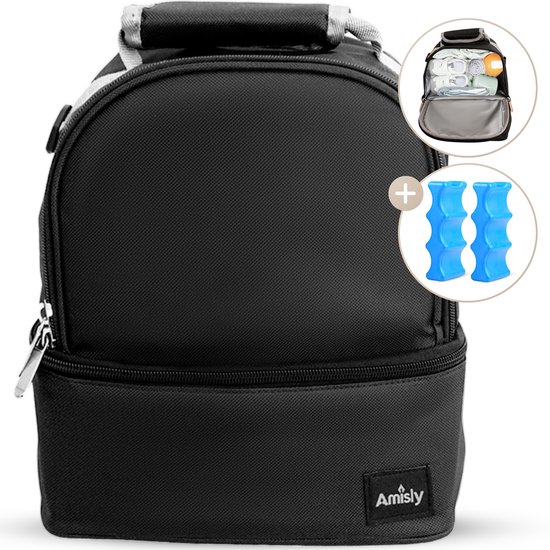 Amisly Luxe Koeltas Zwart - Kolftas Met 2 Koelelementen - Baby Voeding Vervoeren - Moedermelk tot 12 uur Koel - Lunchtas - Voor Onderweg van Amisly