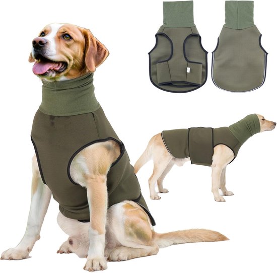 Anti-angst-jas voor honden met hoofddeksel, hoeden, angstjas voor honden, ademend mesh, verstelbare klittenbandsluiting, reflecterende strepen, kalmeren de angst van de hond (olijf XS)