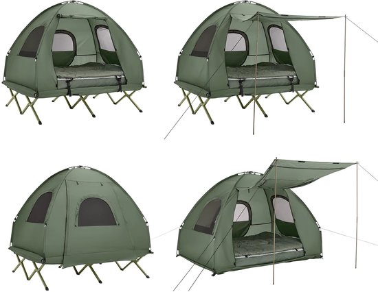 Archi 2-Persoons kampeertent – Tent - Kamperen - 4-in-1 – Stapelbed - Incl. luchtbed & slaapzak – Met draagtas op wielen – Groen