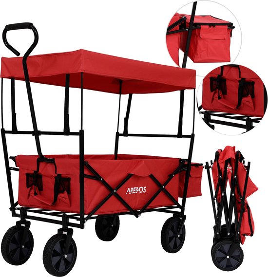 AREBOS Bolderkar Opvouwbaar met Dak - Handkar - Bolderkar Luchtbanden - Handwagen - 70 kg - 360° Draaibare Voorwielen - Rood van AREBOS