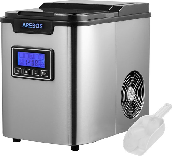 Arebos IJsblokjesmachine | Ice Maker | roestvrij staal, productietijd van 8 tot 13 minuten | 3 ijsblokjesmaten | lcd-display | zelfreinigende functie, ijsblokjesmaker | stil | zonder wateraansluiting van AREBOS