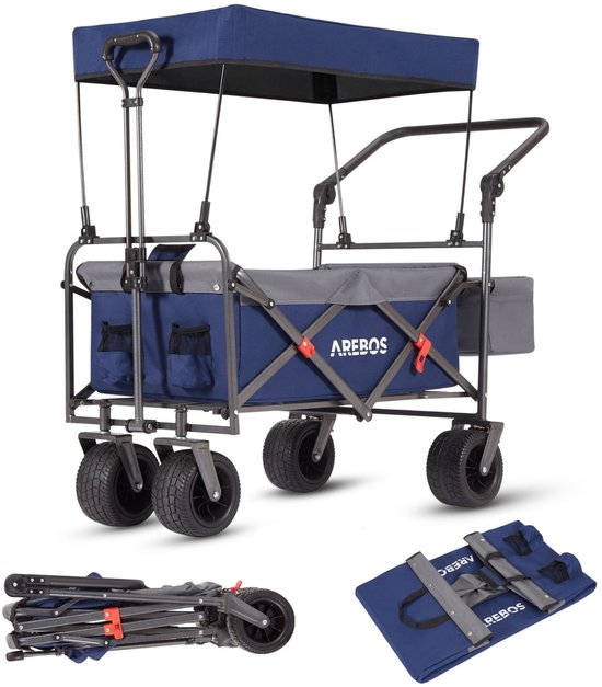 AREBOS Opvouwbare Bolderkar met Dak 100 kg Offroad Wielen XXL Opbergruimte Handkar Camping Strand Festival Blauw Grijs van Merkloos