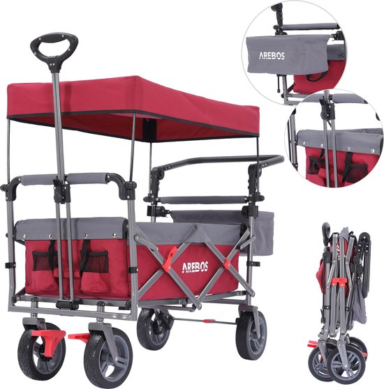 AREBOS Premium Bolderkar Opvouwbaar - Bolderkar Luchtbanden - 100 kg - met Dak Rood / Grijs van AREBOS