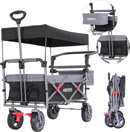 AREBOS Premium Bolderkar Opvouwbaar - Bolderkar Luchtbanden - 100 kg - met Dak Zwart / Grijs van AREBOS