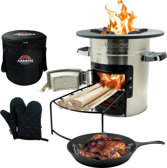 AREBOS Rocket Stove - Camping Kachel - met de Draagtas, Gietijzeren pan en Beschermende Handschoenen van AREBOS