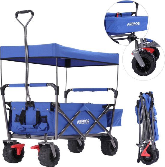 AREBOS Standaard Bolderkar Opvouwbare - Bolderkar Luchtbanden - met Dak - Strandkar - Blauw van AREBOS