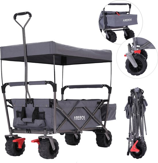 AREBOS Standaard Bolderkar Opvouwbare - Bolderkar Luchtbanden - met Dak - Strandkar - Grijs van AREBOS