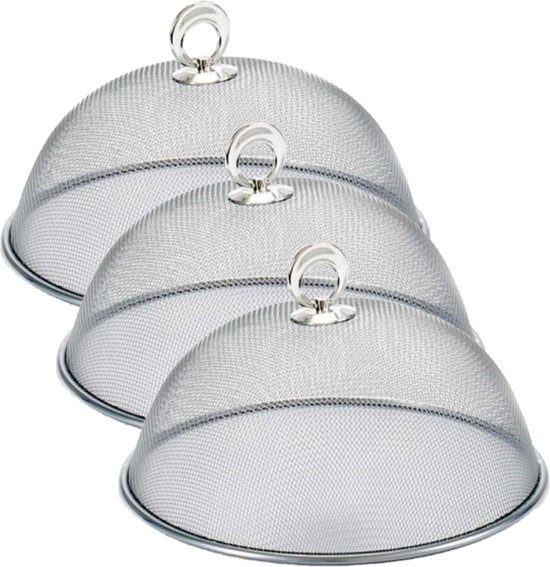 Arte Regal Voedselkap - 3x stuks - rond - 25 cm - zilver - metaal - vliegenkap - foodcover - tegen insecten