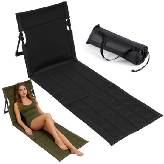 Arvion Strandmat Inklapbaar met Verstelbare Rugleuning - Opvouwbare Strandstoel voor Picknick, Strand, Tuin, Terras, Camping - Zwart