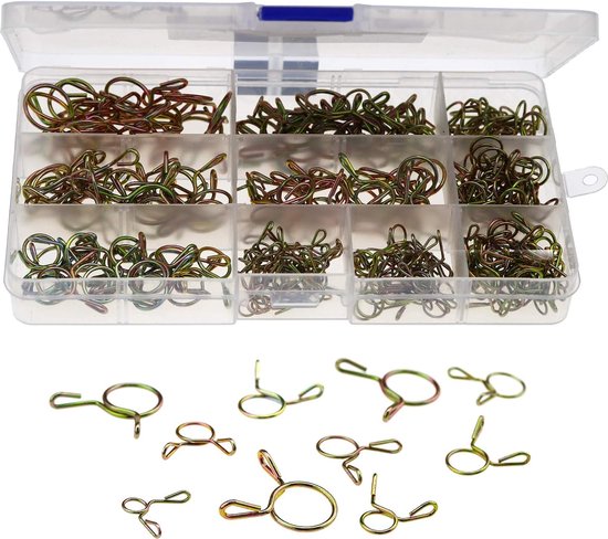Assortiment van 250 verzinkte brandstofleidingslangklemmen voor lucht- en olieleidingen in verschillende maten (5mm-14mm) van Glarks