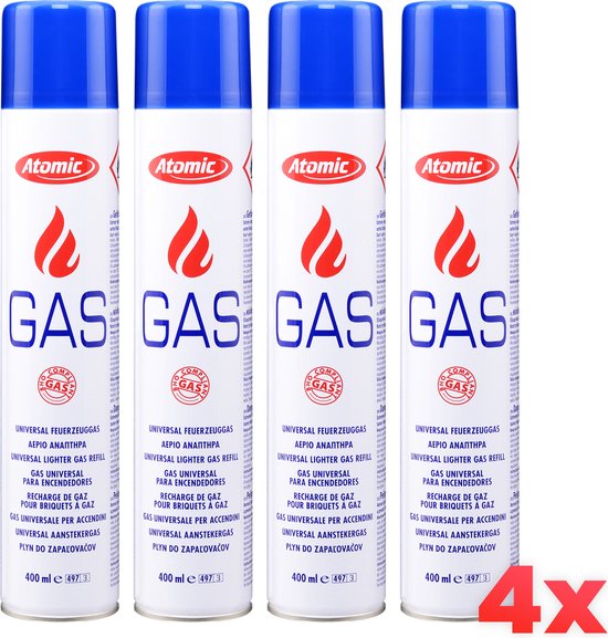 Atomic® Butaan Gasfles - Gas voor aansteker- Aansteker Gas - Gasbussen - Aanstekervulling - 400ml - 4st - 45PSI