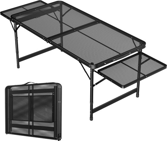 Aufun draagbare campingtafel, inklapbare multifunctionele tafel 120 x 60 x 55 cm, 3-voudig in hoogte verstelbaar, grilltafel met metalen roosterblad, opvouwbare tuintafel, bijzettafel voor strand en picknick