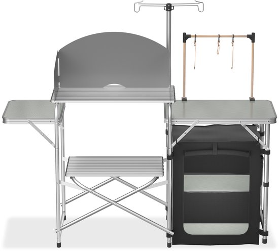 Aufun Opvouwbare Campingkeuken Aluminium Outdoor Keukenkast met 3 Werkbladen, Opbergkast, Lampstandaard en 4 Haken, Draagbare Campingtafel voor Kamperen, Buiten en Tuin, Zilver van Aufun