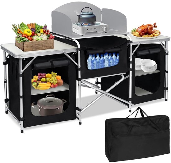 Aufun opvouwbare campingkeuken, kampeerkast met aluminium frame, 5 opbergvakken, met tafelblad en draagtas, outdoor keuken, compacte keukenbox, reiskeuken voor kamperen van Aufun