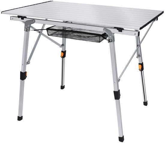 Aufun opvouwbare campingtafel, inklapbare tafel met aluminium frame, in hoogte verstelbaar, tuintafel en buffettafel, met draagtas, voor camping en balkon, 90 x 52 x 45 cm, zilver