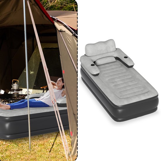 Aufun Zelfopblazend Luchtbed Camping - Opblaasbare Matras Met Ingebouwde Elektrische Pomp - Rugleuning Voor Comfort - 1 Persoon - 190 x 100 x 42 cm - Inclusief Draagtas