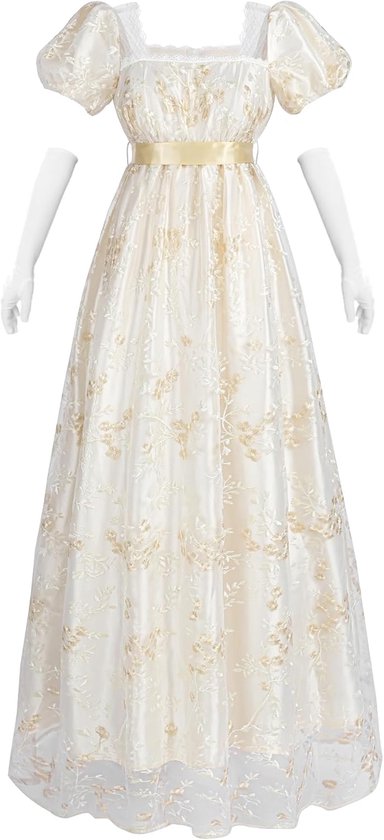 Austen Regency jurk voor dames, lange vintage jurk, victoriaanse baljurk met handschoenen, empire taille jurk