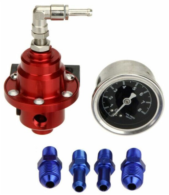 Auto aangepaste verstelbare brandstofdrukregelklep, aluminiumlegering brandstofbooster, drukregelaar met manometer (rood) van Merkloos