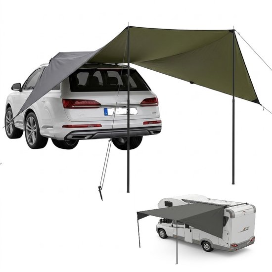 Auto Luifel Achterklep & Zijkant – 380x280 cm Universele Auto Tarp – Waterdicht & UV-bestendig Zonnescherm voor SUV, Camper & Bus – Multifunctionele Autotent met Steunpalen van Merkloos