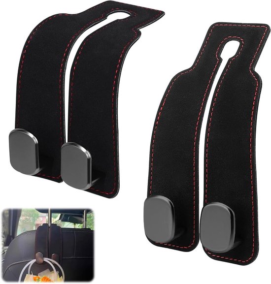 Autohaken Set - Stoelhaken Organizer - Auto Organiseren - Dubbele Leer Haken - 2 stuks - Zwart