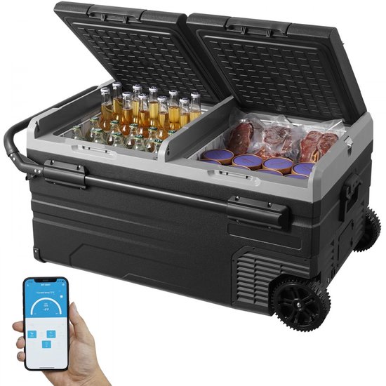 Autokoelkast - Draagbare compressor koelbox/vriezer - Inhoud 95 liter - Tweezone - Temperatuur -20°C tot 20°C - Voeding 12/24V & 100-240V - Met wielen en handvat - Voor kamperen van Merkloos