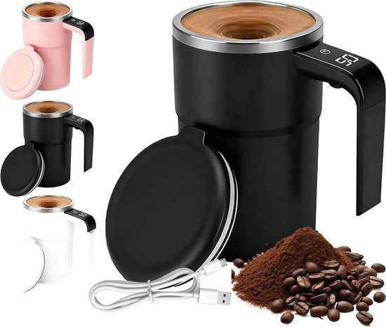 Automatische koffiemok met roerfunctie (380 ml), magnetische automatische roermok met temperatuurweergave, oplaadbare slimme koffiemok met deksel. van Merkloos