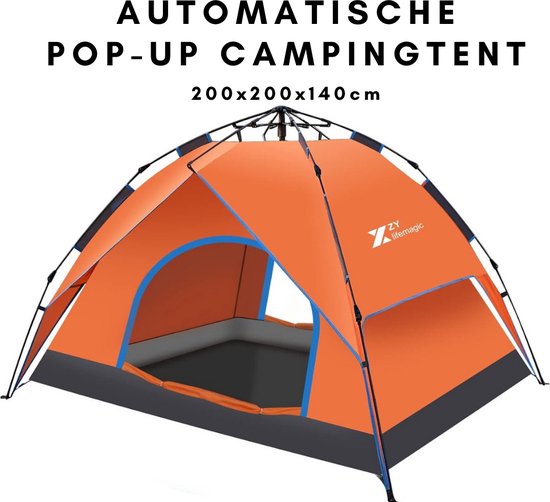 Automatische Pop-up Campingtent voor 3-4 Personen - Waterdicht en Winddicht - Inclusief Grote Draagtas - Ideaal voor Gezinscamping en Buitenactiviteiten - Oranje van Merkloos