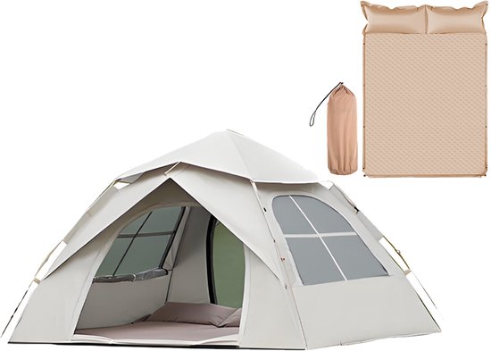 Automatische Pop-up Tent met Slaapmat - Vierhoekige Kampeertent voor 2-3 Personen - Waterdicht met Vaste Zonnekap - Inclusief Draagtas - Ideaal voor Gezinscamping en Festivals - Met Verzilverde UV-Block Coating - Snelle 3-Seconden Opzet - Wit van Merkloos