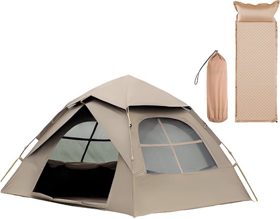 Automatische Pop-up Tent met Slaapmat - Vierhoekige Kampeertent voor 2-3 Personen - Waterdicht met Vaste Zonnekap - Inclusief Draagtas - Ideaal voor Gezinscamping en Festivals - Met Zwarte UV-Block Coating - Snelle 3-Seconden Opzet - Kaki van Merkloos
