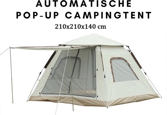 Automatische Waterdicht Pop-up Tent – Camping Tent voor 2-3-4 Personen - 210x210x140cm - Waterdichte Kampeertent -Outdoor Kampeer & Festival Tent–Ideaal voor Gezinscamping en Buitenactiviteiten-Snel Opzetbaar – Met Luifel & Draagtas– Beige – Lexorion van Lexorion
