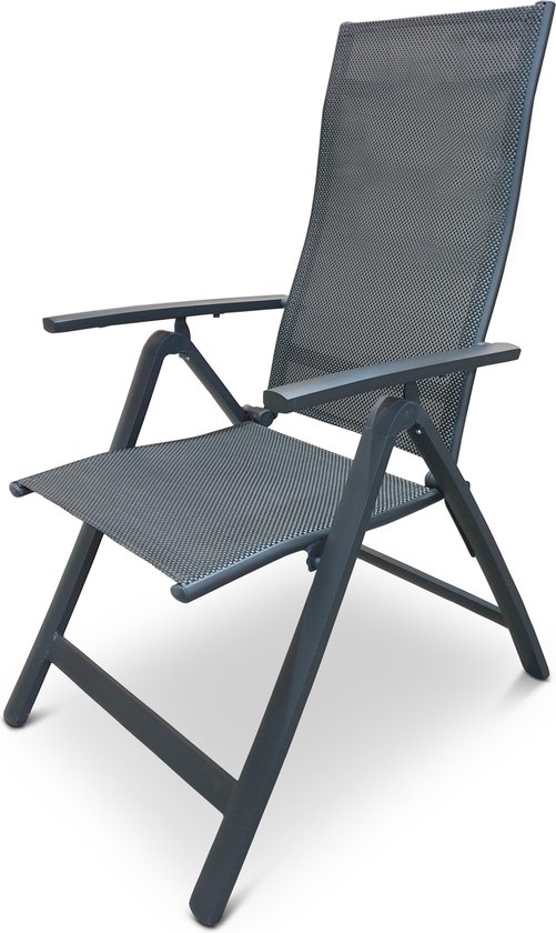 Aventum | 2 Stuks | Inklapbare Tuinstoel met Verstelbare Rug- en Armleuning | Aluminium Frame | Textileen Zitting/Rug | Grijs / Zwart