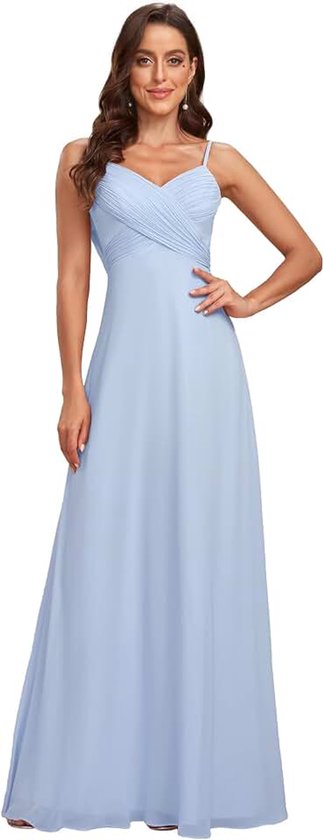 Avondjurk voor dames, lang, A-lijn, V-hals, bandjes, chiffon, sexy, ES80026, Blauw ijs, 38