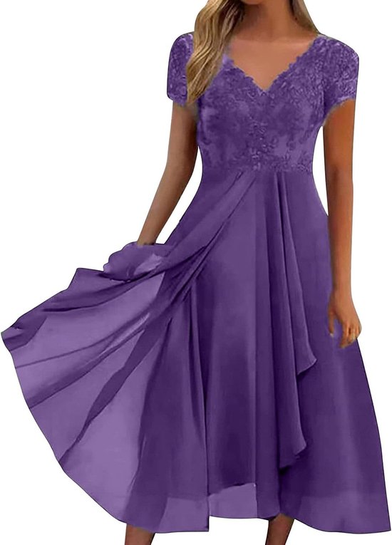 Avondjurk voor dames, lang, elegant, chiffon, kant, swing, zomerjurk, casual, feestelijke cocktailjurk, partyjurk voor vrouwen, als bruiloftsgastjurk en bruidsmeisjesjurk