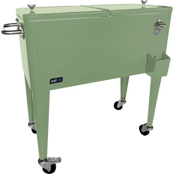AXI Retro Cooler Groen - Koelbox met afneembare deksel en flesopener - Met 2 wielen en rem - 76L inhoud van Merkloos