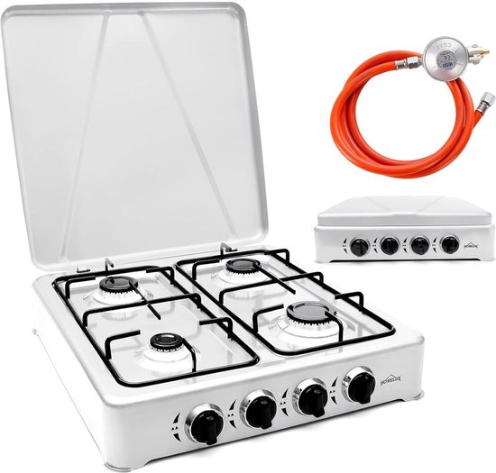 AXR® - HOMELUX - Gas kooktoestel 4 pits - Campingkooktoestel - Gaskookplaat - Gaskookplaat - 1.5 M Slang - 50mbar drukregelaar - Wit van Homelux