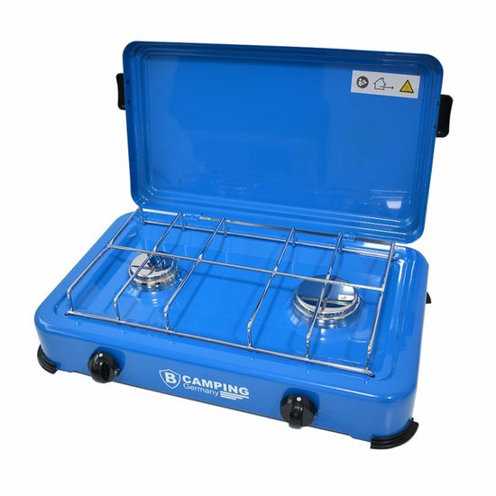 B-Camping kookpit/kookstel - 2-pits - blauw - metaal - 47 x 34 x 10 cm - voor gasflessen - gasfornuis van B-Camping