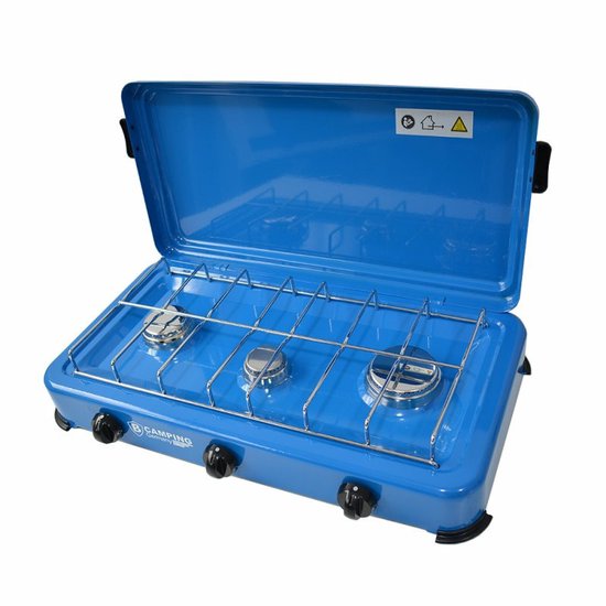 B-Camping kookpit/kookstel - 3-pits - blauw - metaal - 60 x 40 x 10 cm - voor gasflessen - gasfornuis van Boretti