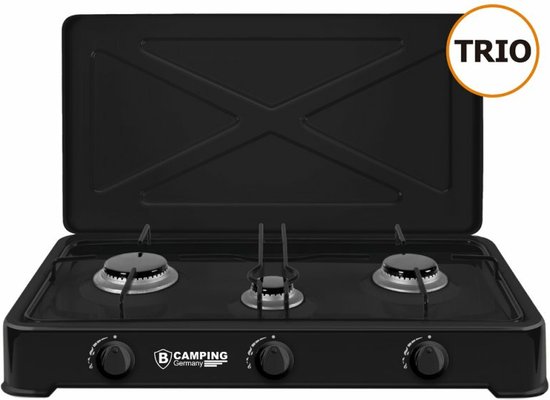 B-Camping kookpit/kookstel - 3-pits - zwart - metaal - 60 x 40 x 10 cm - voor gasflessen - gasfornuis van Bo-Camp