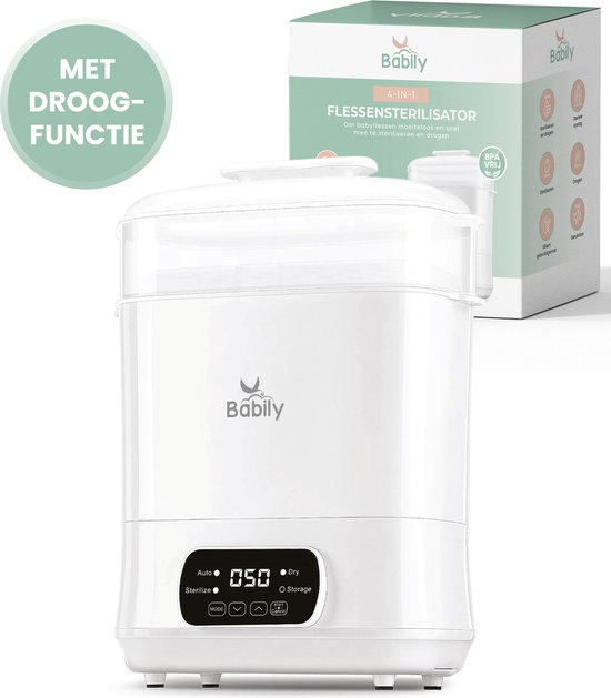Babily - 4-in-1 Flessen sterilisator elektrisch - Met droogfunctie - Steriliseer tot 8 babyflessen tegelijk - Fles sterilisator van Babily