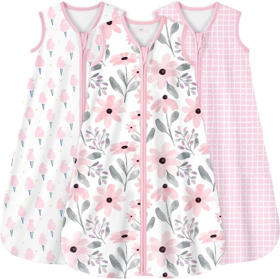 Baby Slaapzak 3-Pack voor 12-18 Maanden - 0.5 TOG 100% Katoen, Draagbare Dekens voor Pasgeborenen en Peuters in Roze Bloemen Design