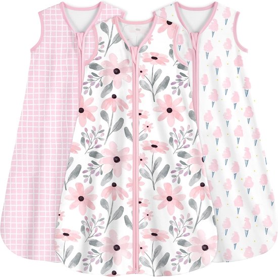 Baby Slaapzak 3-Pack voor 12-18 Maanden - 0.5 TOG 100% Katoen - Draagbare Dekens voor Pasgeborenen en Peuters met Roze Bloemenprint