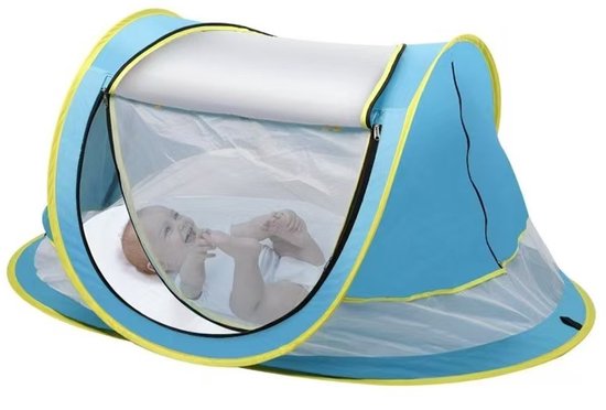 Babytent met UV-bescherming - Pop-up Strandtent voor Baby - UPF 50+ Zonbescherming - Inclusief Muggennet en Opbergtas - Wind- en Zandbestendig - Opvouwbaar Baby Strandbedje voor Buiten en Strand-blauw