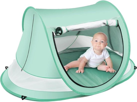 Babytent met UV-bescherming - Pop-up Strandtent voor Baby - UPF 50+ Zonbescherming - Inclusief Muggennet en Opbergtas - Wind- en Zandbestendig - Opvouwbaar Baby Strandbedje voor Buiten en Strand-groente