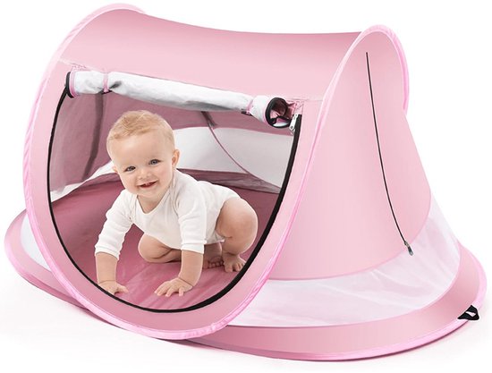 Babytent met UV-bescherming - Pop-up Strandtent voor Baby - UPF 50+ Zonbescherming - Inclusief Muggennet en Opbergtas - Wind- en Zandbestendig - Opvouwbaar Baby Strandbedje voor Buiten en Strand-roze