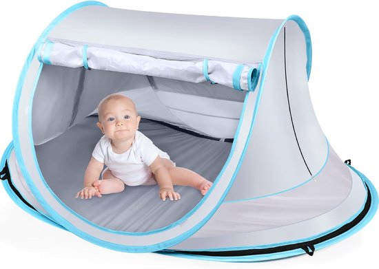 Babytent met UV-bescherming - Pop-up Strandtent voor Baby - UPF 50+ Zonbescherming - Inclusief Muggennet en Opbergtas - Wind- en Zandbestendig - Opvouwbaar Baby Strandbedje voor Buiten en Strand van Merkloos