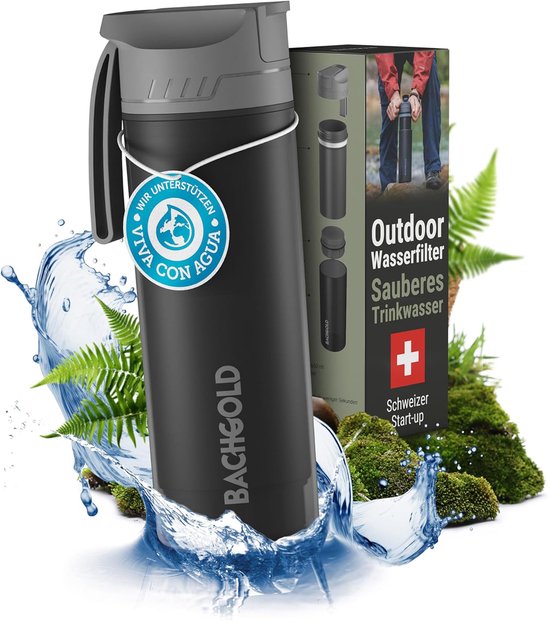 BACHGOLD Outdoor Waterfilter Fles met 1500L Filtercapaciteit | Verwijdert 99,99% Bacteriën, Virussen en Zware Metalen | Drinkfles met Waterfilter | Survival Waterfilterfles | Water Filter Noodpakket (Zwart XL, 500 ml) van BACHGOLD