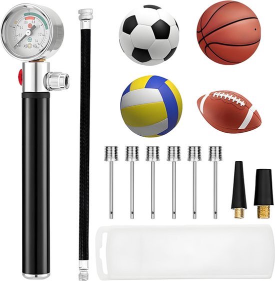 balpomp met drukmeter - draagbare luchtpomp met 10 ballennaalden - 2 spuitmonden en 1 slang - mini handpomp voor inflatie en opblaasfunctie voor sportballen - gymnastiekballen - voetbal