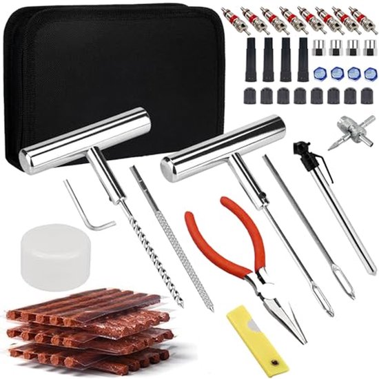 Banden Reparatie Kit - Lekke Band Herstel - Noodreparatie Onderweg - 70 Delige Set - Universeel Tubeless - Zwart