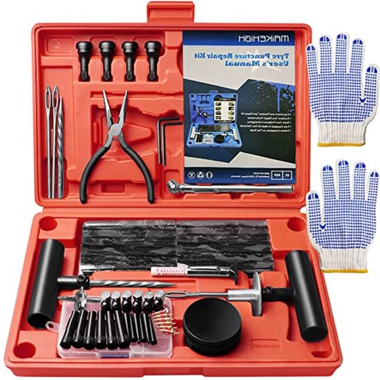 Banden Reparatie Kit - Tubeless Gereedschap - Auto Onderhoud - Inclusief Dieptemeter - 100 Stuks - Rood